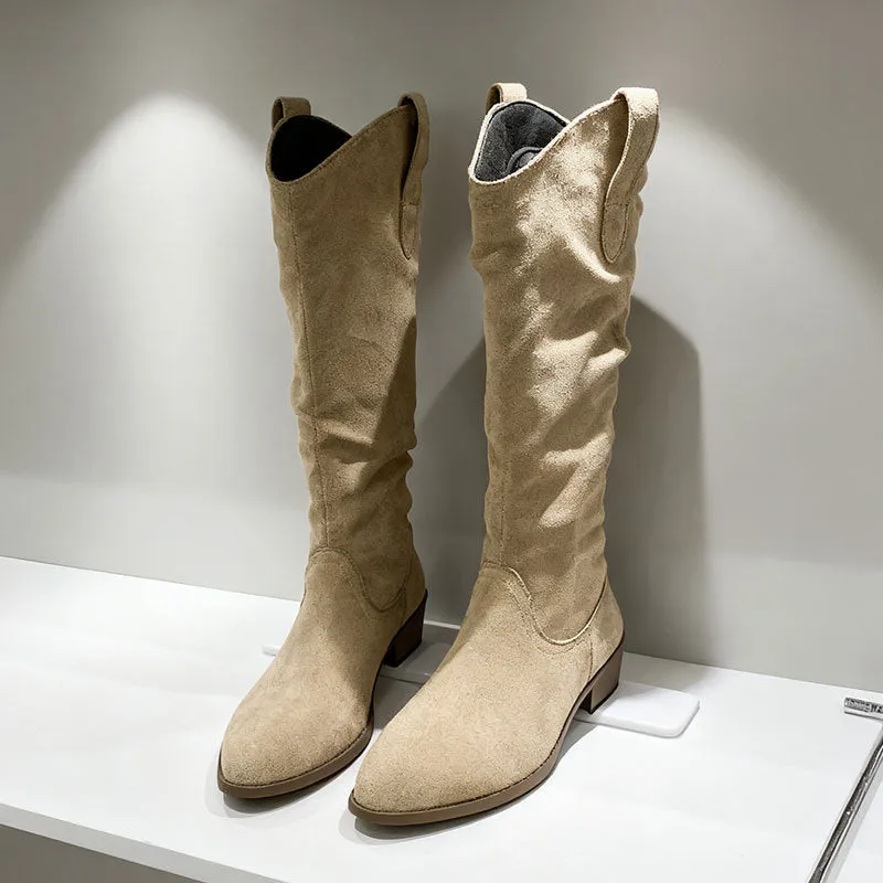 Chunky heel suede riding boots, block heel, round toe, available in cloth khaki leather black and leather brown
