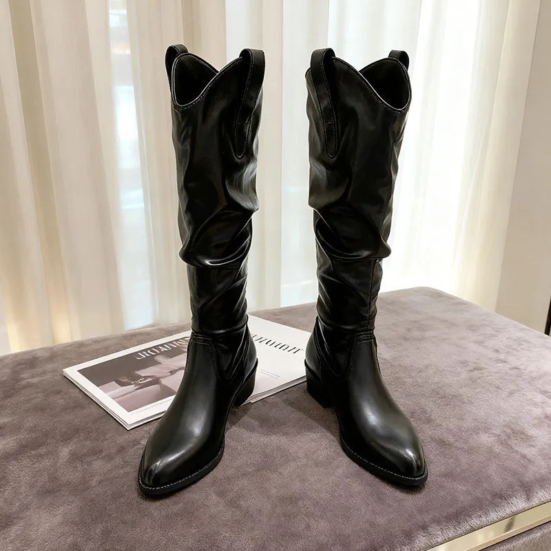 Chunky heel suede riding boots, block heel, round toe, available in cloth khaki leather black and leather brown