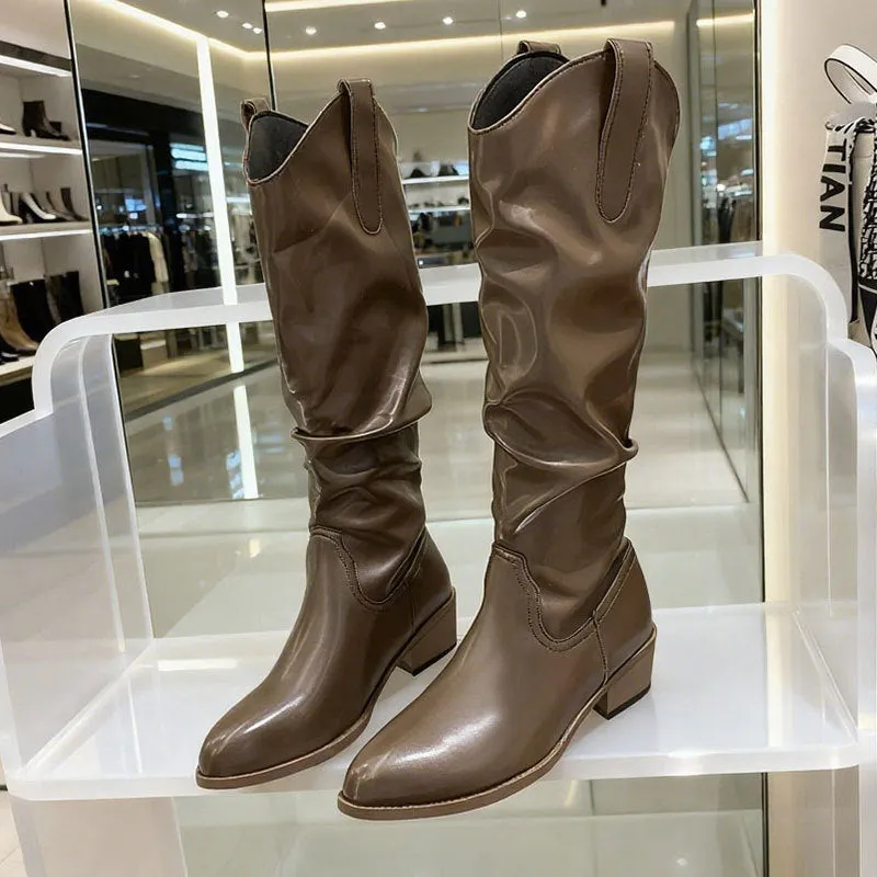 Chunky heel suede riding boots, block heel, round toe, available in cloth khaki leather black and leather brown