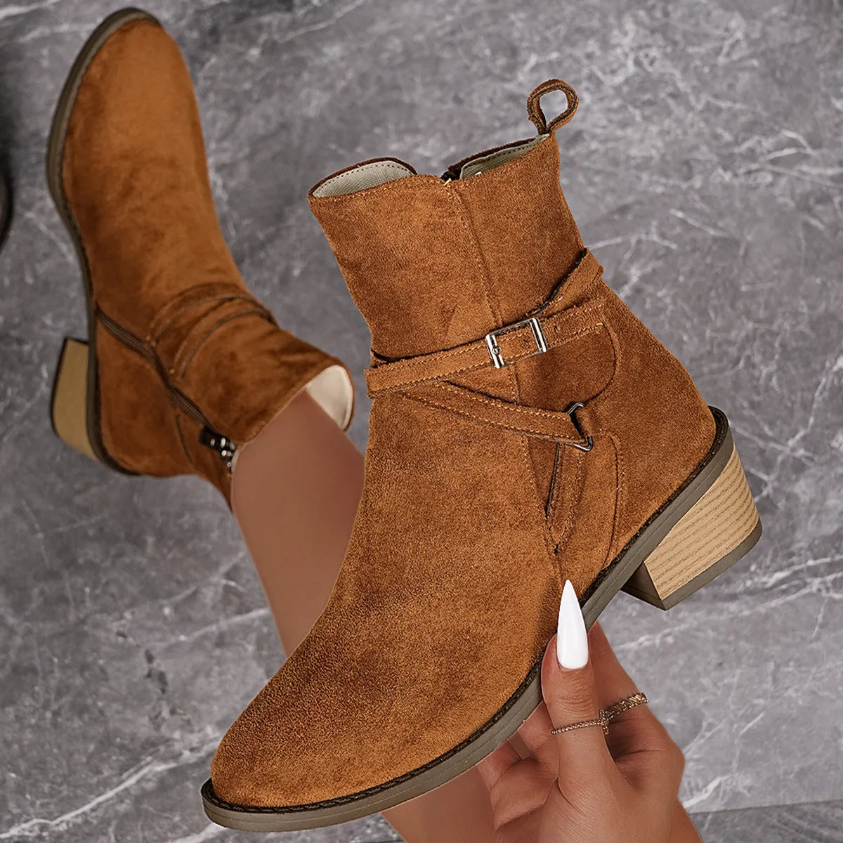Women's suede ankle boots with cross-strap and side zipper, mid-heel, available in black and camel