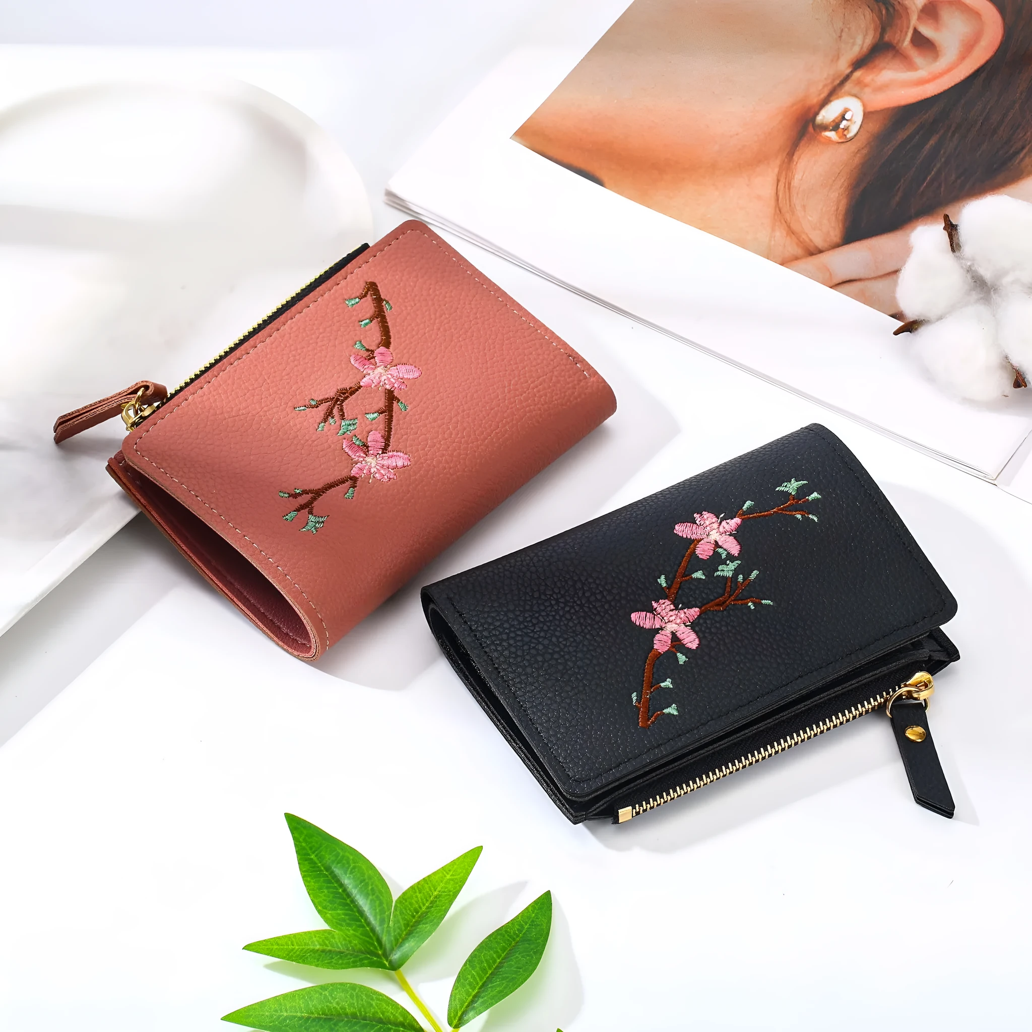 Lady's small wallet short style floral print PVC money holder in black with PU lining