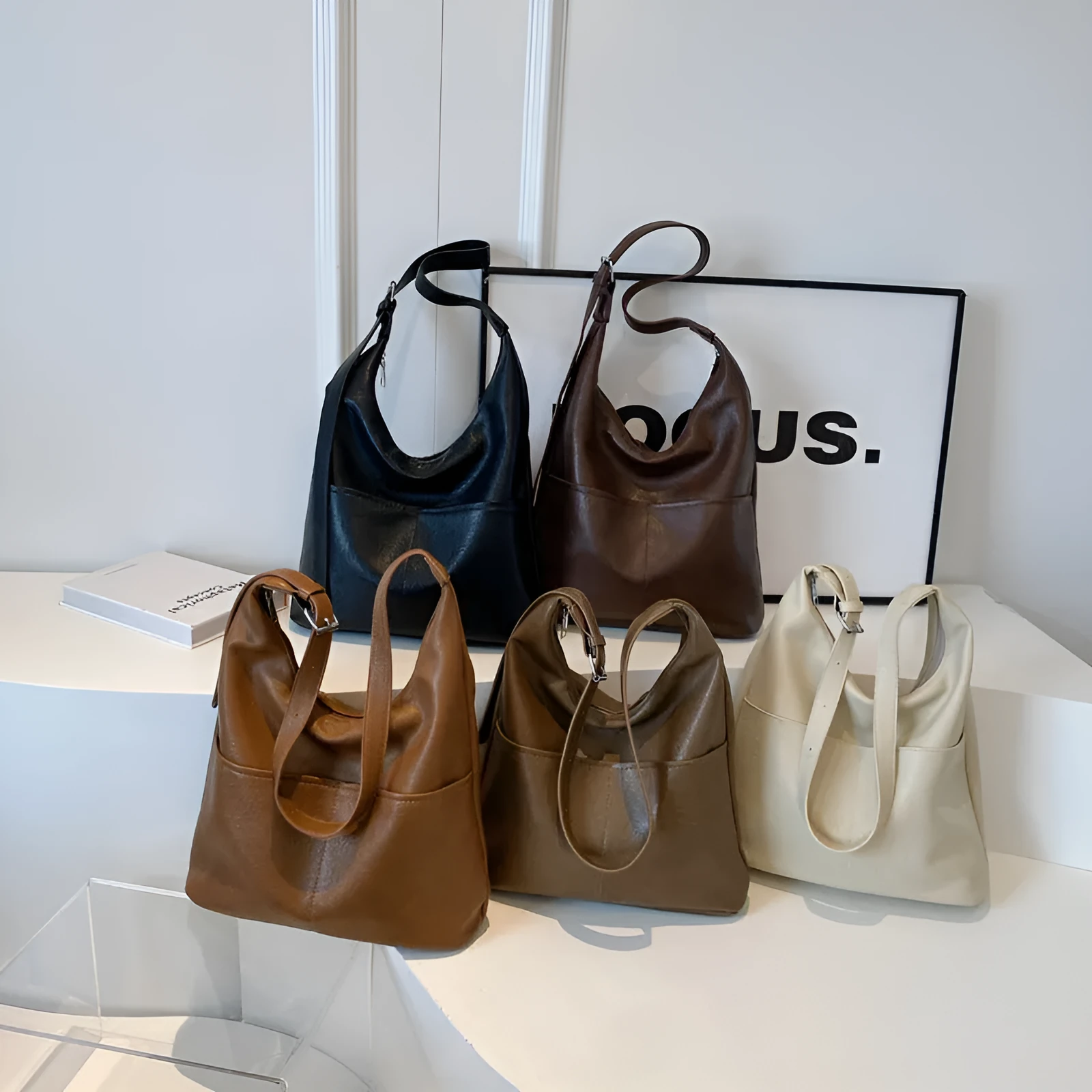 Women's large-capacity soft PVC shoulder bag bucket shape with stitching in beige white colour