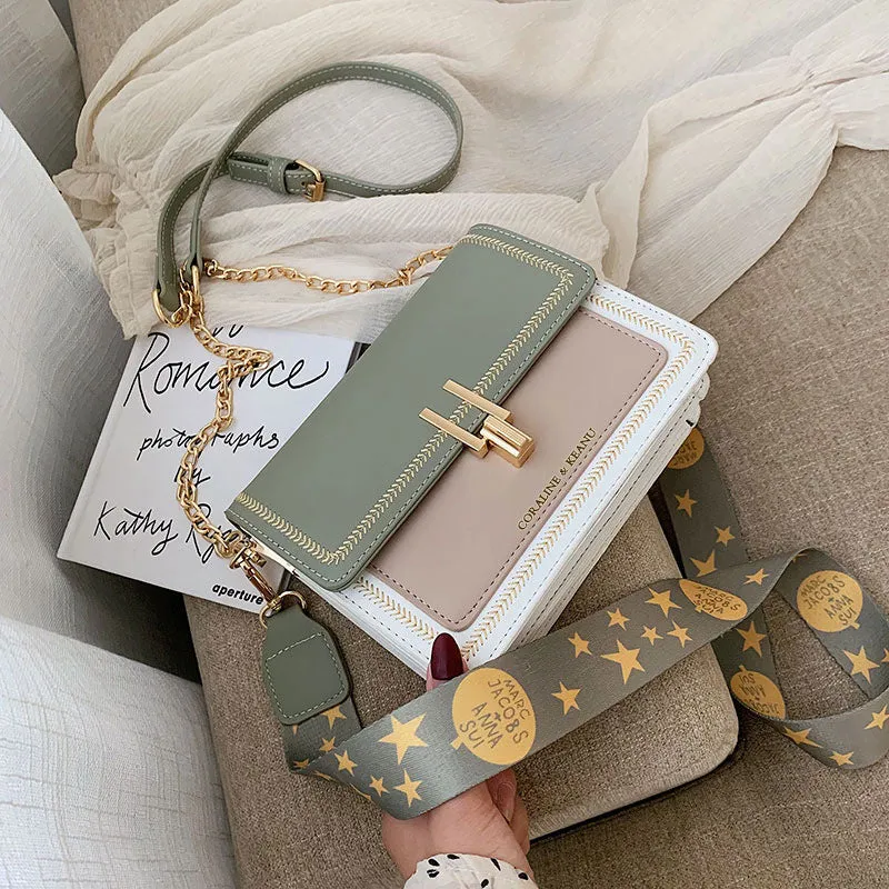 Women's wide strap crossbody bag in Matcha Green PU material with contrast colour details for leisure travel