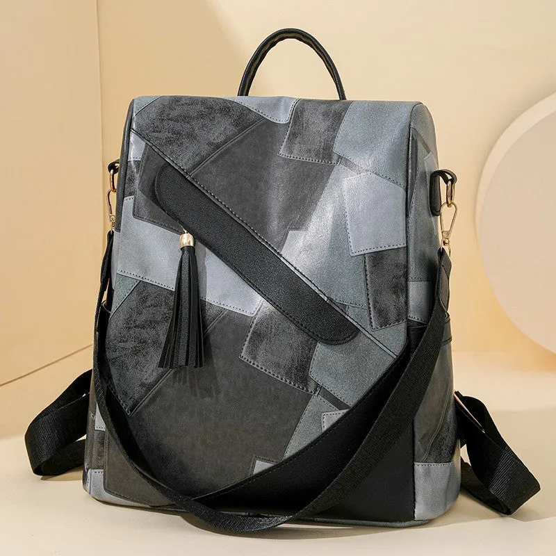 Large capacity retro patchwork PU leather tote bag with sewing line detailing, available in four colours, front view