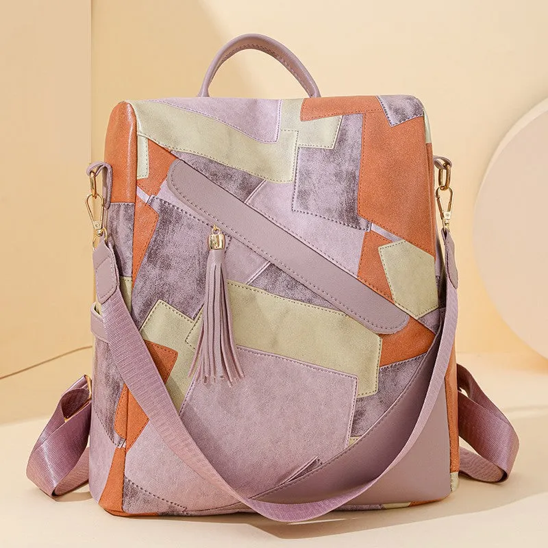 Large capacity retro patchwork PU leather tote bag with sewing line detailing, available in four colours, front view