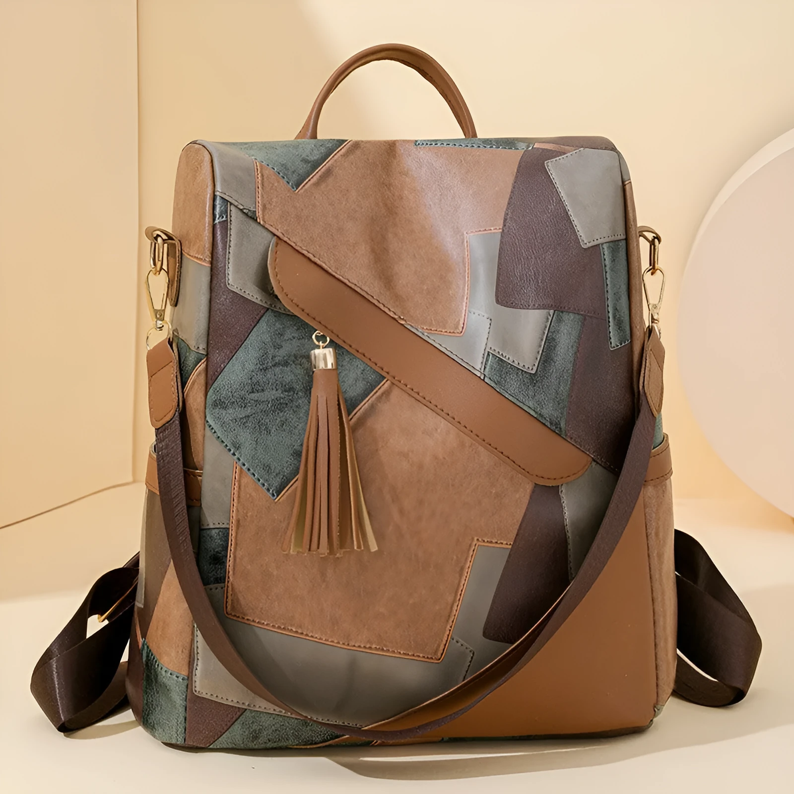 Large capacity retro patchwork PU leather tote bag with sewing line detailing, available in four colours, front view