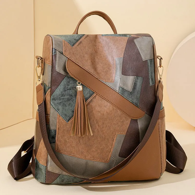 Large capacity retro patchwork PU leather tote bag with sewing line detailing, available in four colours, front view
