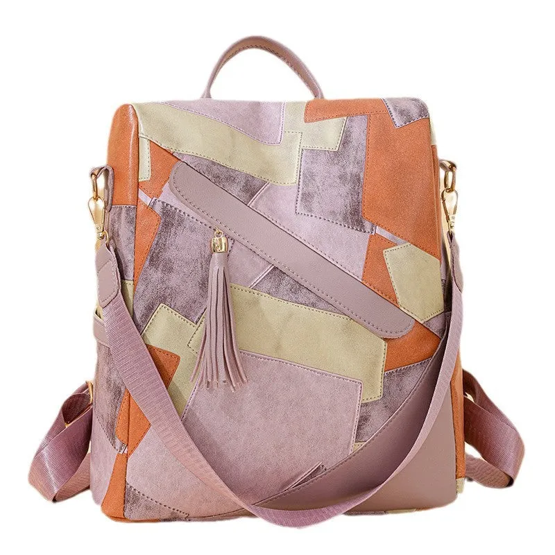 Large capacity retro patchwork PU leather tote bag with sewing line detailing, available in four colours, front view