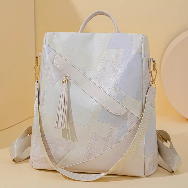 Large capacity retro patchwork PU leather tote bag with sewing line detailing, available in four colours, front view