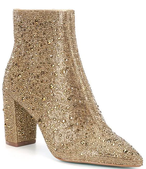 Rhinestone pointed toe fashion ankle boots with non-slip rubber sole, gold colour, available in multiple sizes and colours