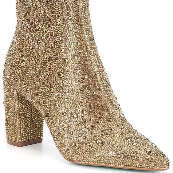 Rhinestone pointed toe fashion ankle boots with non-slip rubber sole, gold colour, available in multiple sizes and colours