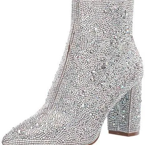 Rhinestone pointed toe fashion ankle boots with non-slip rubber sole, gold colour, available in multiple sizes and colours