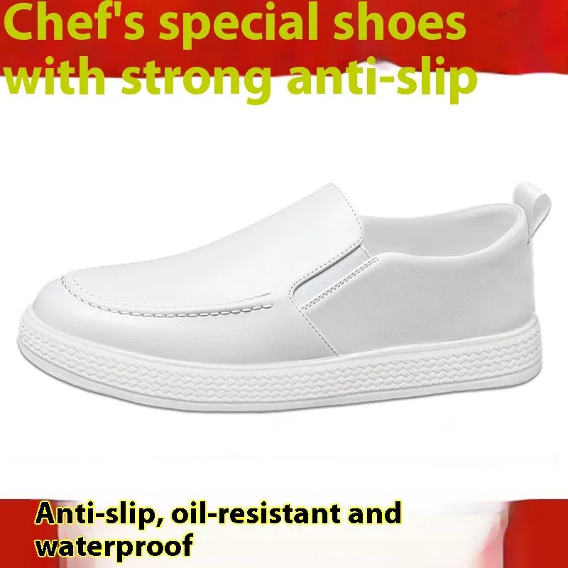 Men's slip-on kitchen working shoes with black with white bottom colour, artificial pu upper, round toe, flat heel