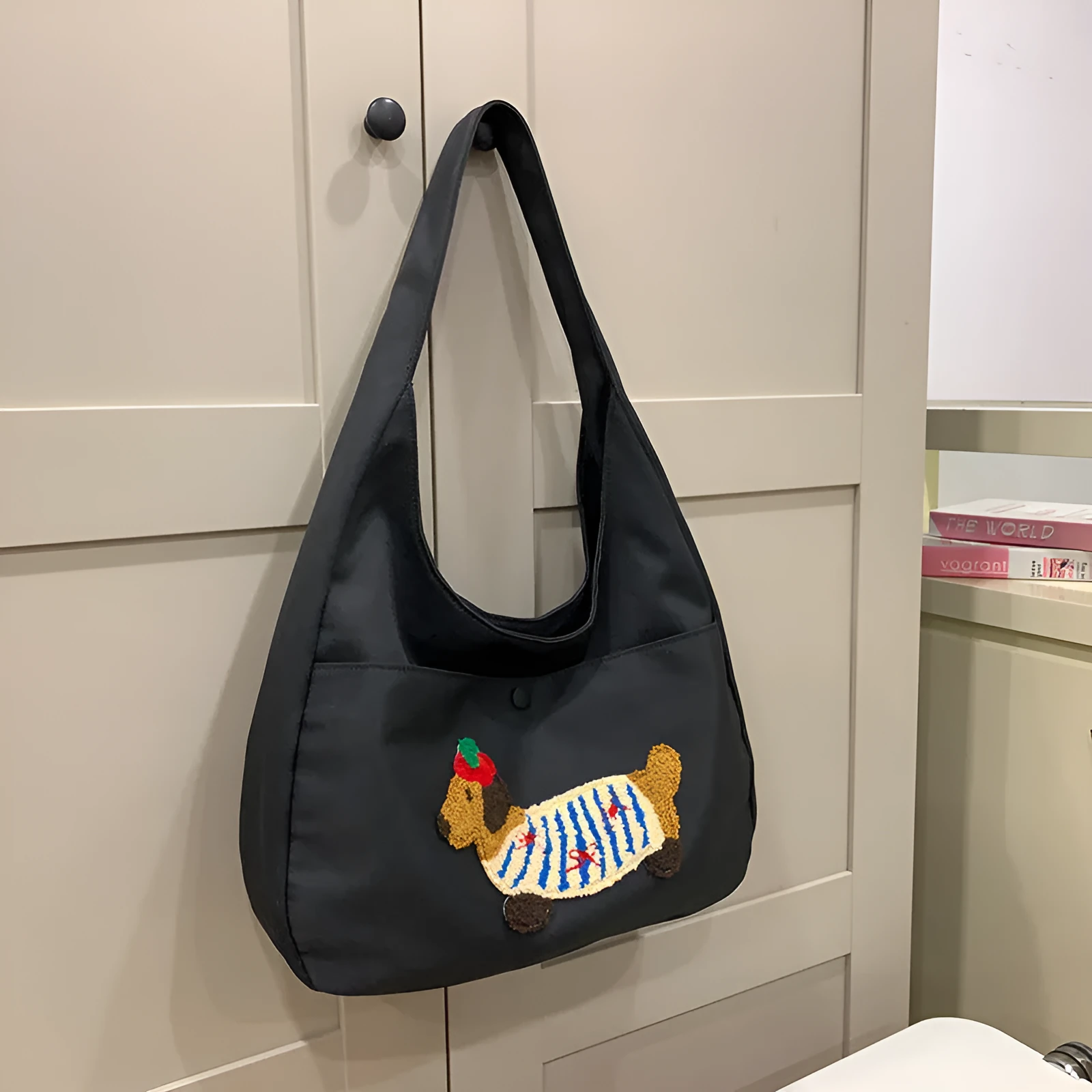 Japanese style large capacity sausage dog nylon shopping bag in black, blue, brown, khaki, and white