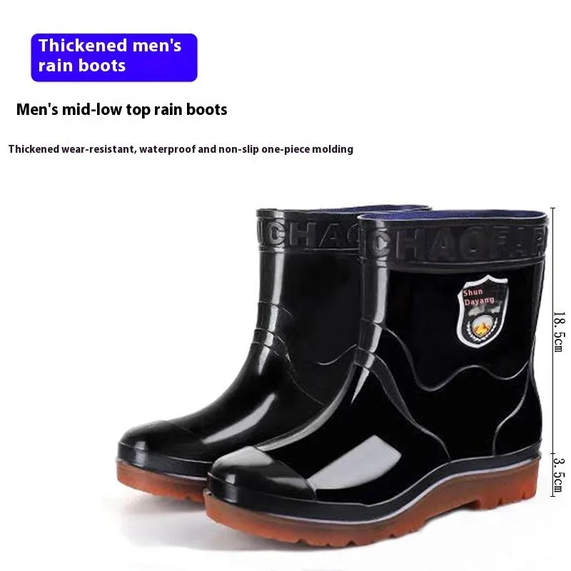 Men's black 20cm PVC rain boots with beef tendon sole, fleece lined, round toe, oversleeve style
