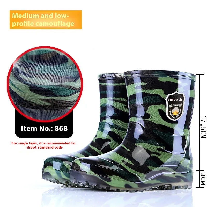 Men's black 20cm PVC rain boots with beef tendon sole, fleece lined, round toe, oversleeve style