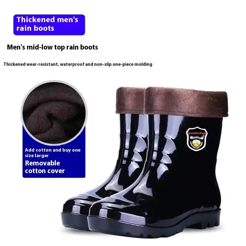 Men's black 20cm PVC rain boots with beef tendon sole, fleece lined, round toe, oversleeve style