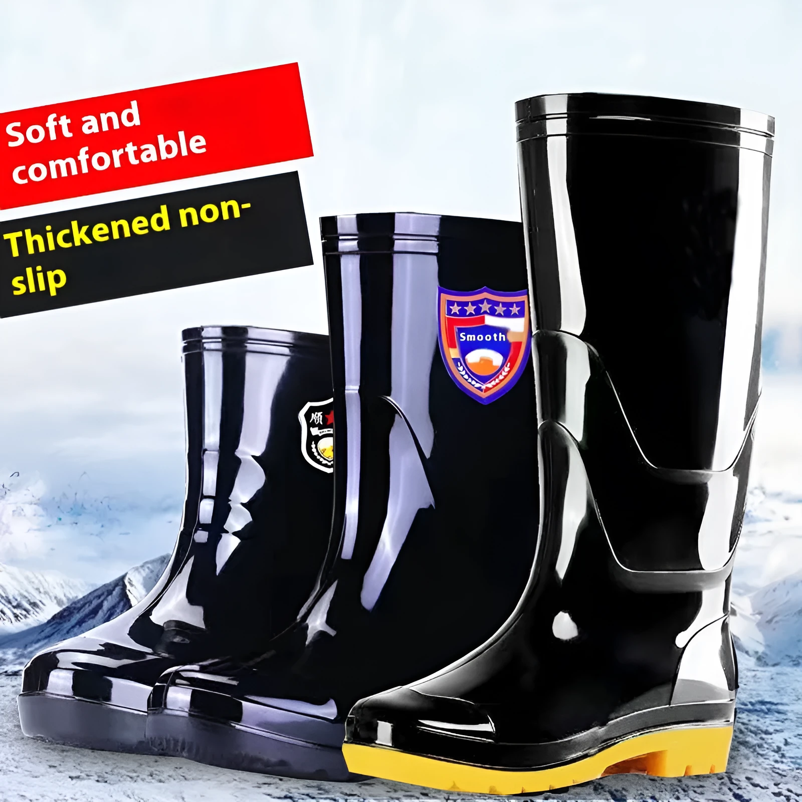 Men's black 20cm PVC rain boots with beef tendon sole, fleece lined, round toe, oversleeve style