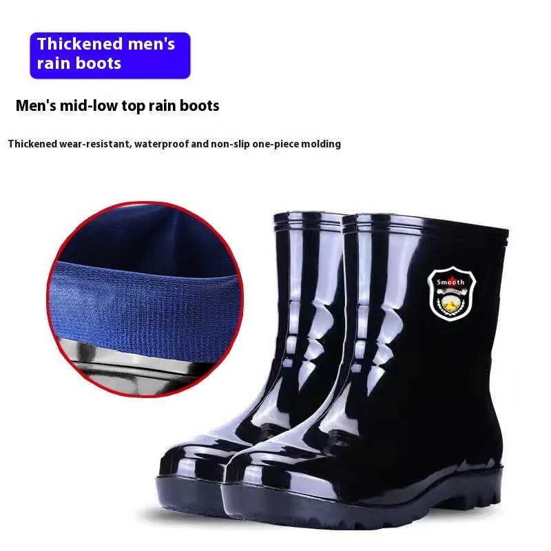 Men's black 20cm PVC rain boots with beef tendon sole, fleece lined, round toe, oversleeve style