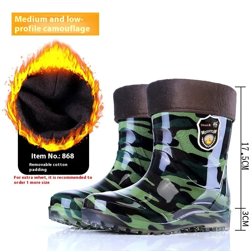Men's black 20cm PVC rain boots with beef tendon sole, fleece lined, round toe, oversleeve style