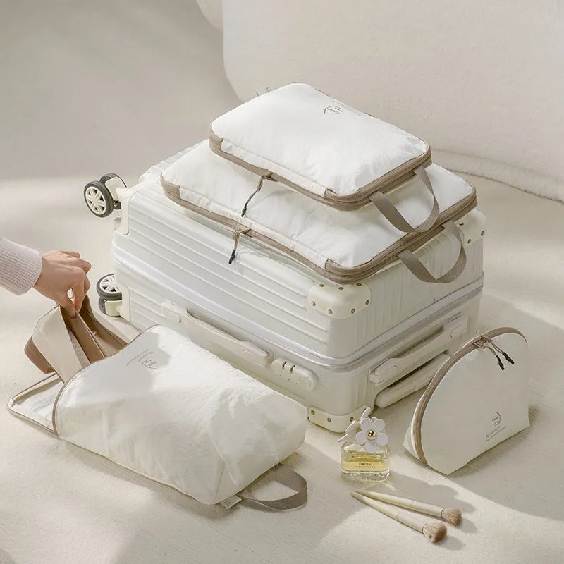 Taslon travel compression bag set with shoe bag, underwear bag and two compression bags in handbag shape