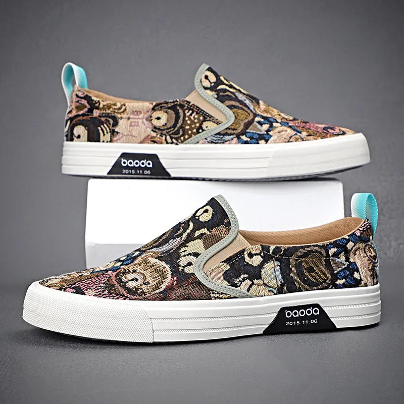 Khaki canvas slip-on sneakers with vulcanised rubber sole and mesh lining on a white background.