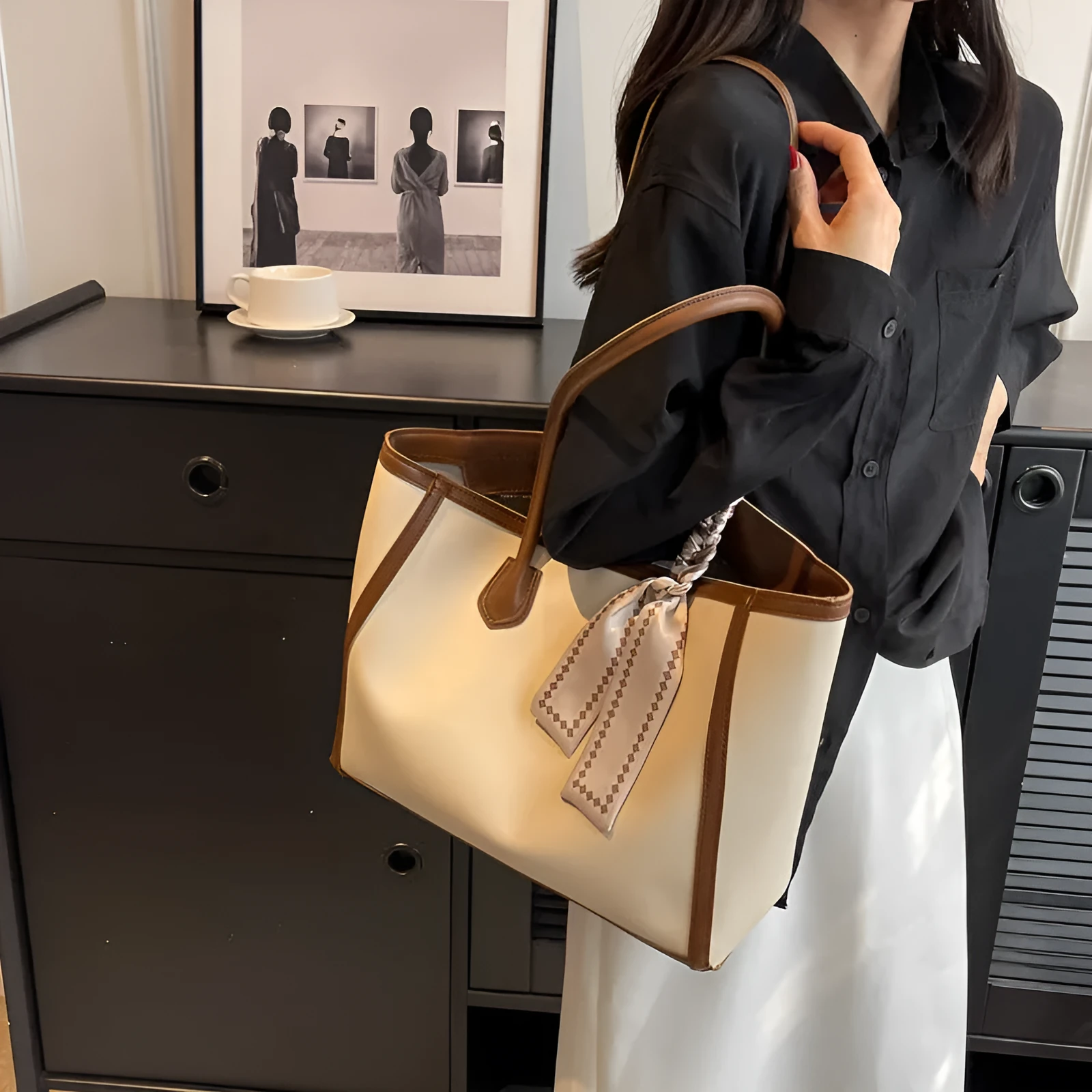 Soft PU tote shoulder bag with open outer pocket showing black, brown, and coffee colour options