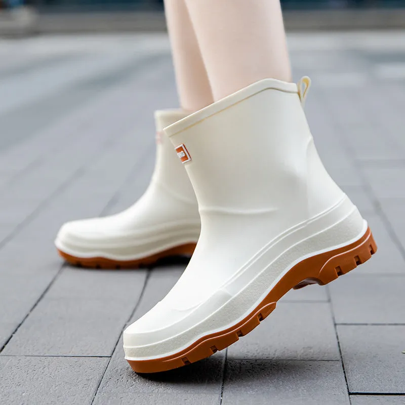 Women's short waterproof rubber shoes with non-slip soles in multiple colour options