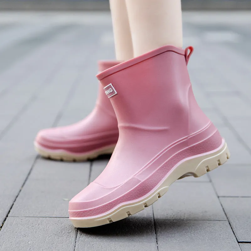Women's short waterproof rubber shoes with non-slip soles in multiple colour options