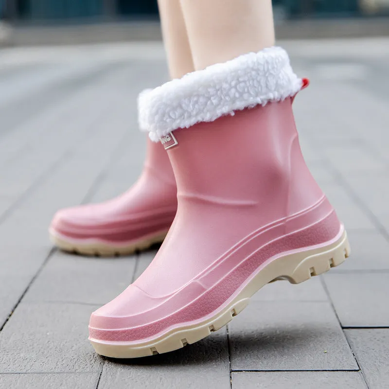 Women's short waterproof rubber shoes with non-slip soles in multiple colour options