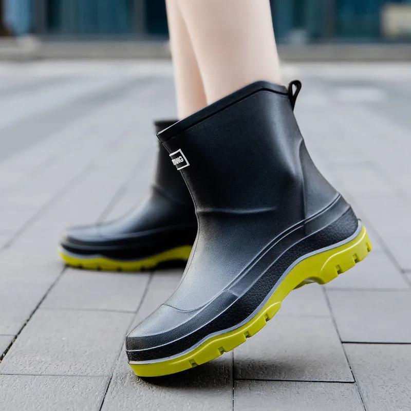 Women's short waterproof rubber shoes with non-slip soles in multiple colour options