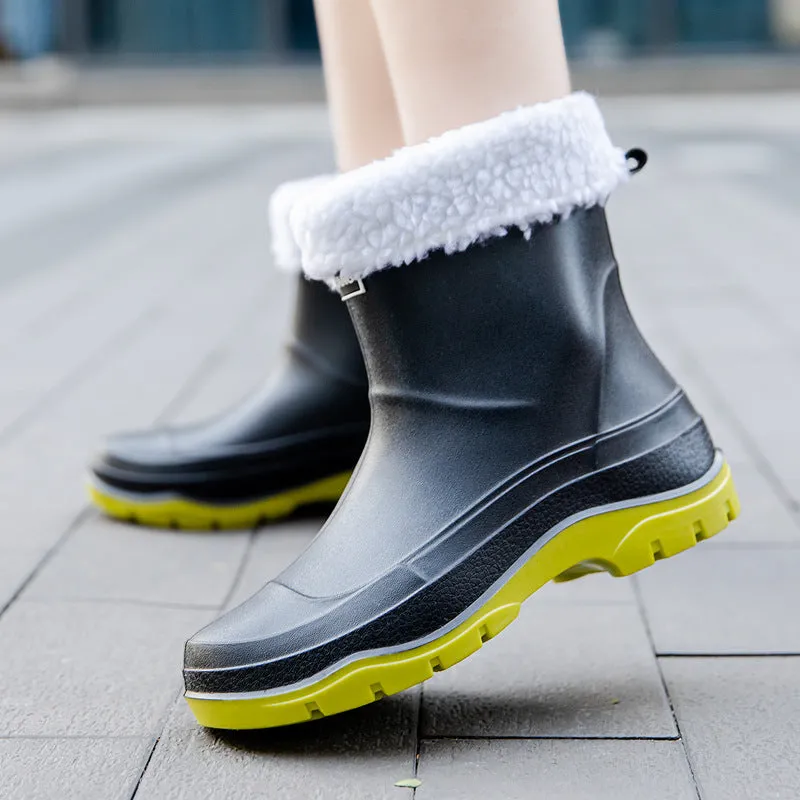 Women's short waterproof rubber shoes with non-slip soles in multiple colour options