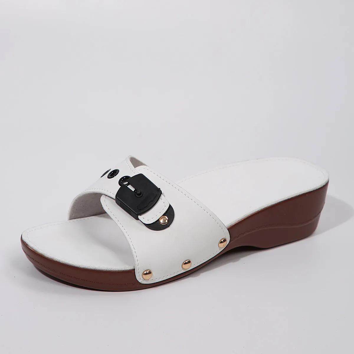 Women's PU leather belt buckle rivet lightweight leisure sandals with fish mouth toe, black colour