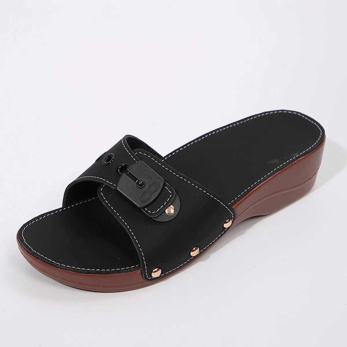 Women's PU leather belt buckle rivet lightweight leisure sandals with fish mouth toe, black colour