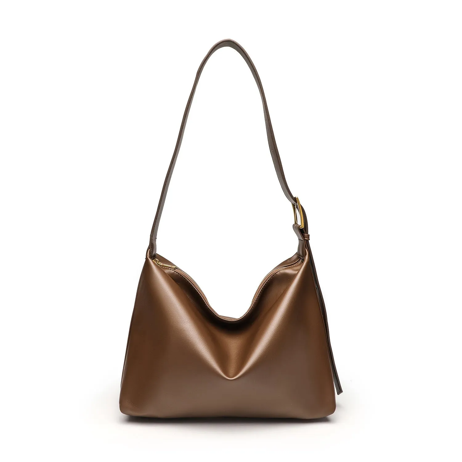Soft collapse simple one-shoulder large capacity PU tote bag in brown with stitching and contrast colour details