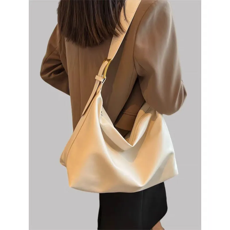 Soft collapse simple one-shoulder large capacity PU tote bag in brown with stitching and contrast colour details