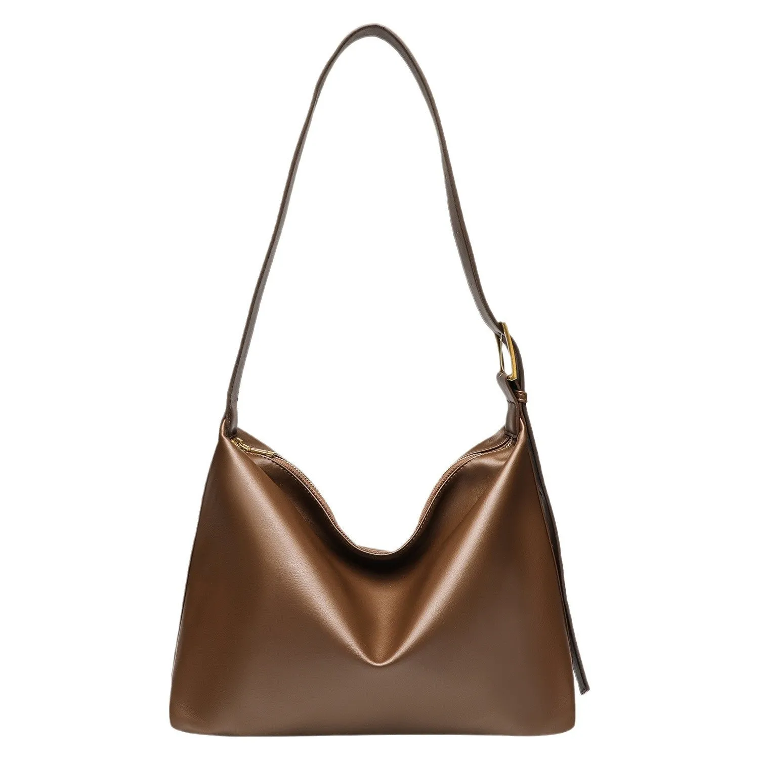 Soft collapse simple one-shoulder large capacity PU tote bag in brown with stitching and contrast colour details