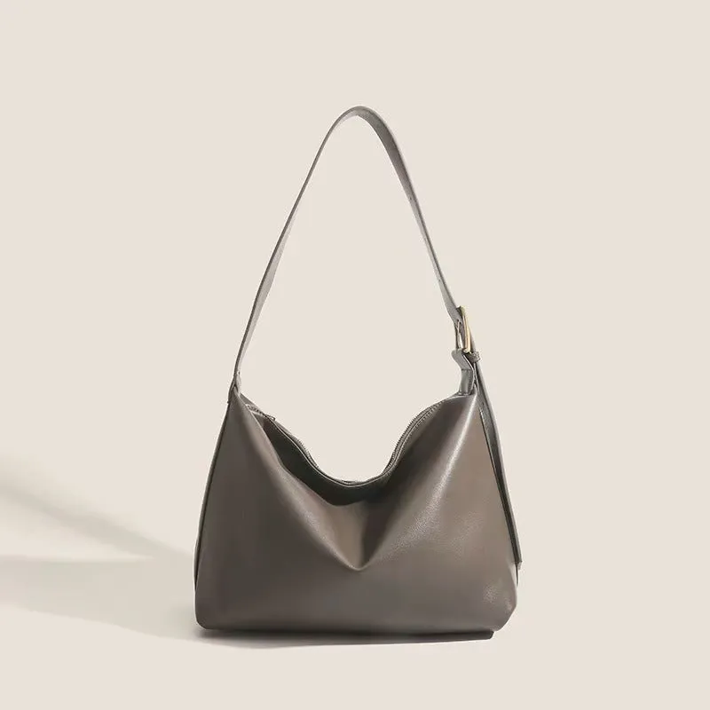 Soft collapse simple one-shoulder large capacity PU tote bag in brown with stitching and contrast colour details