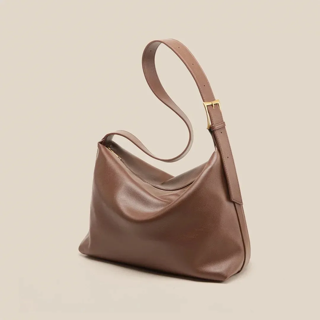 Soft collapse simple one-shoulder large capacity PU tote bag in brown with stitching and contrast colour details