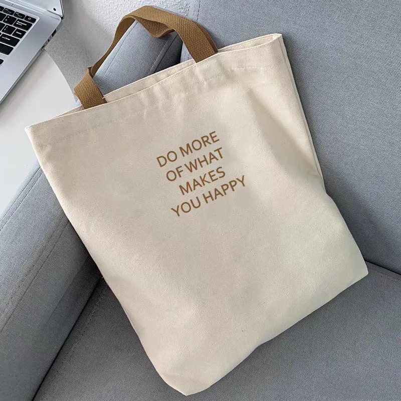 Simple casual beige canvas bag with all-match letters print for leisure travel