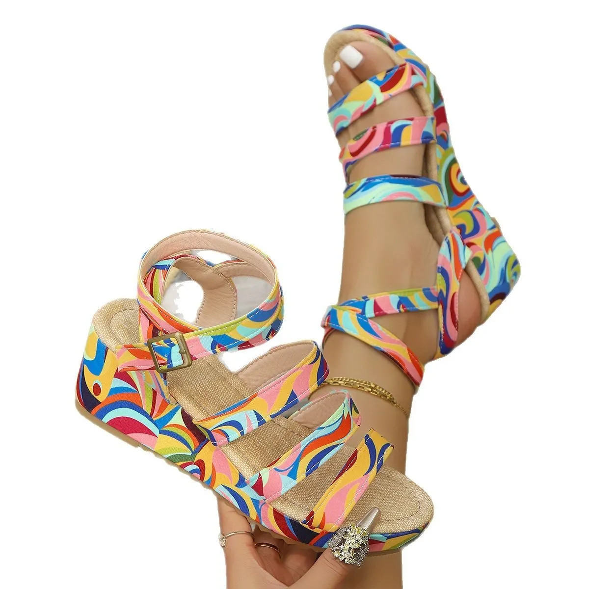 Women's buckle strap wedge sandals with fish mouth toe holder design in European style