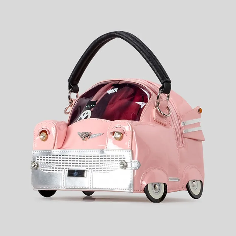 Creative cute car-shaped PU handbag in pink with contrast stitching and slit pocket