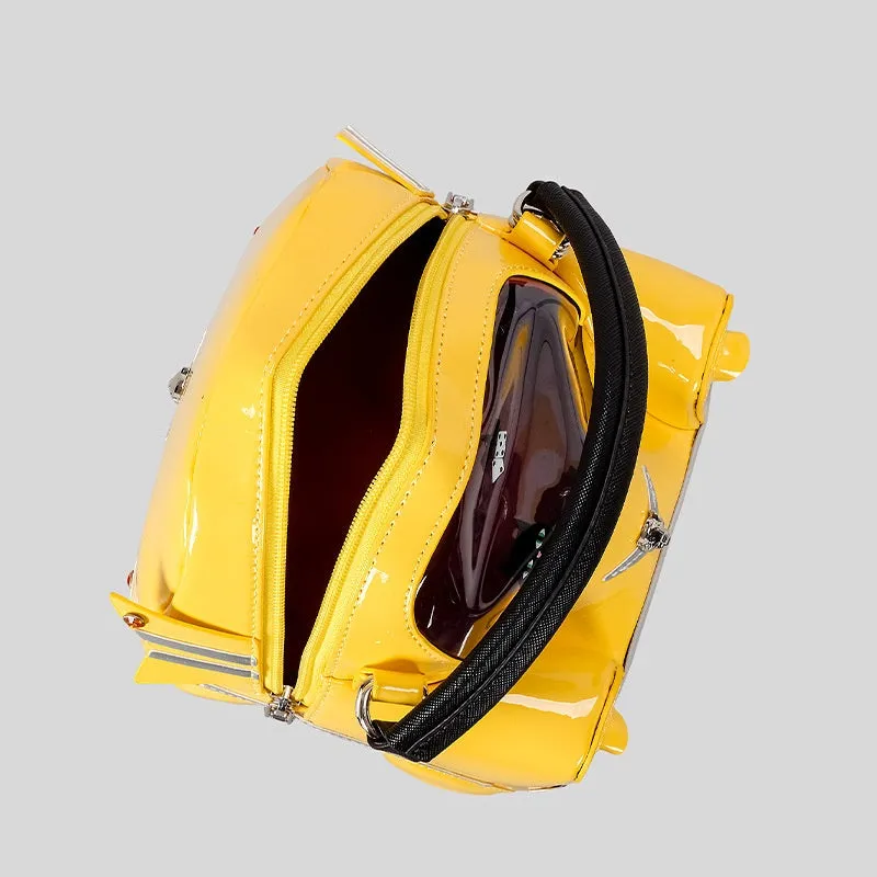Creative cute car-shaped PU handbag in pink with contrast stitching and slit pocket