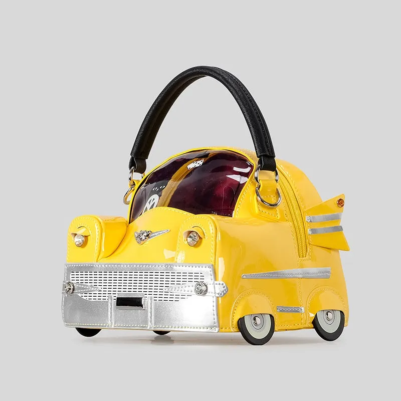 Creative cute car-shaped PU handbag in pink with contrast stitching and slit pocket