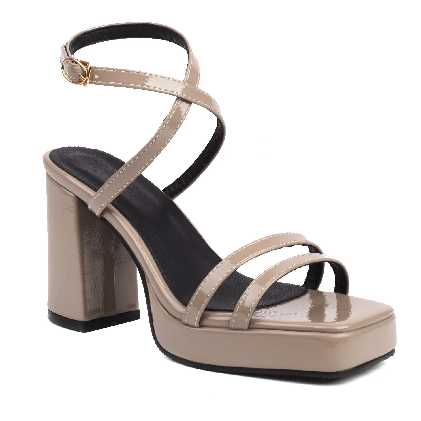 Summer square toe thin strap buckle wide strap high heels in microfiber, white colour option, side view