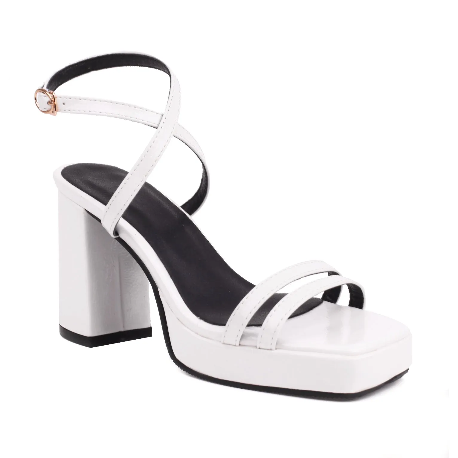 Summer square toe thin strap buckle wide strap high heels in microfiber, white colour option, side view