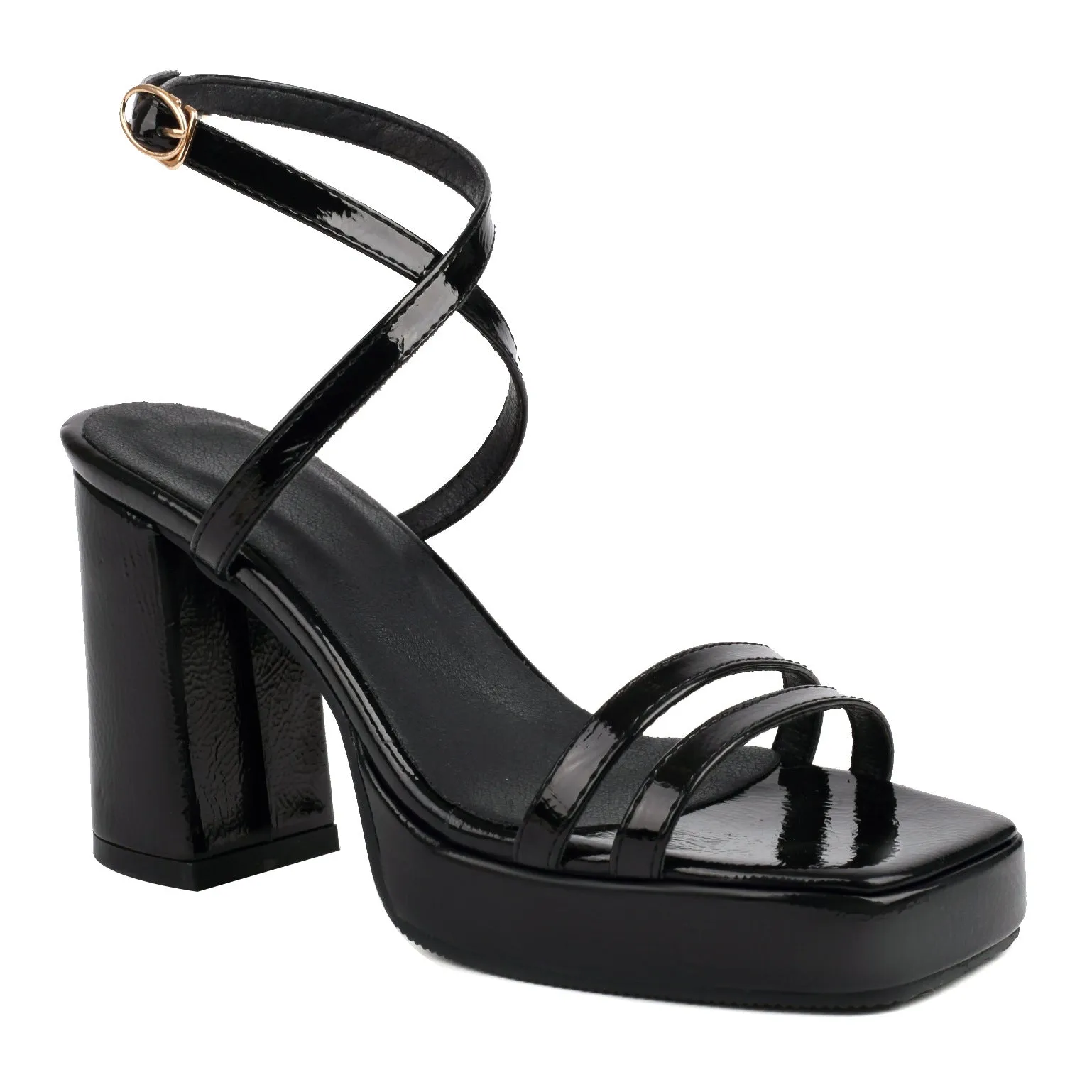 Summer square toe thin strap buckle wide strap high heels in microfiber, white colour option, side view