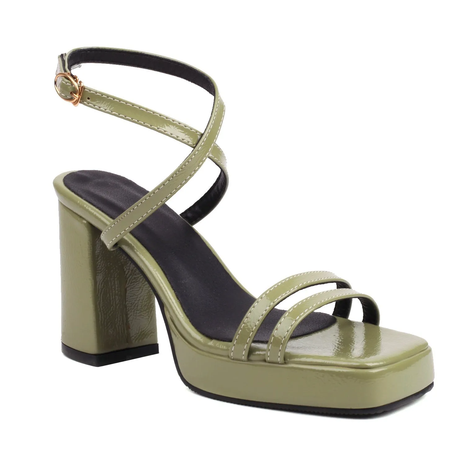 Summer square toe thin strap buckle wide strap high heels in microfiber, white colour option, side view