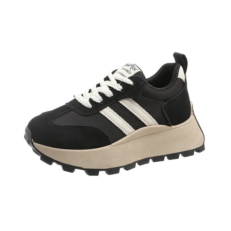 Women's platform casual sneakers, retro round toe, microfiber upper mesh lining, beige, black, red