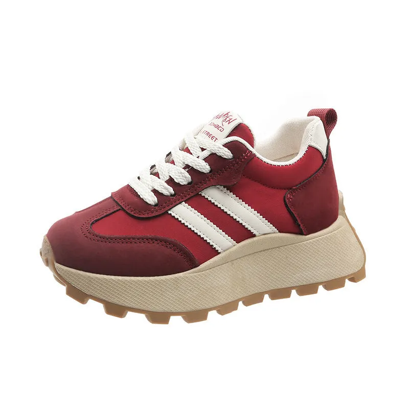 Women's platform casual sneakers, retro round toe, microfiber upper mesh lining, beige, black, red